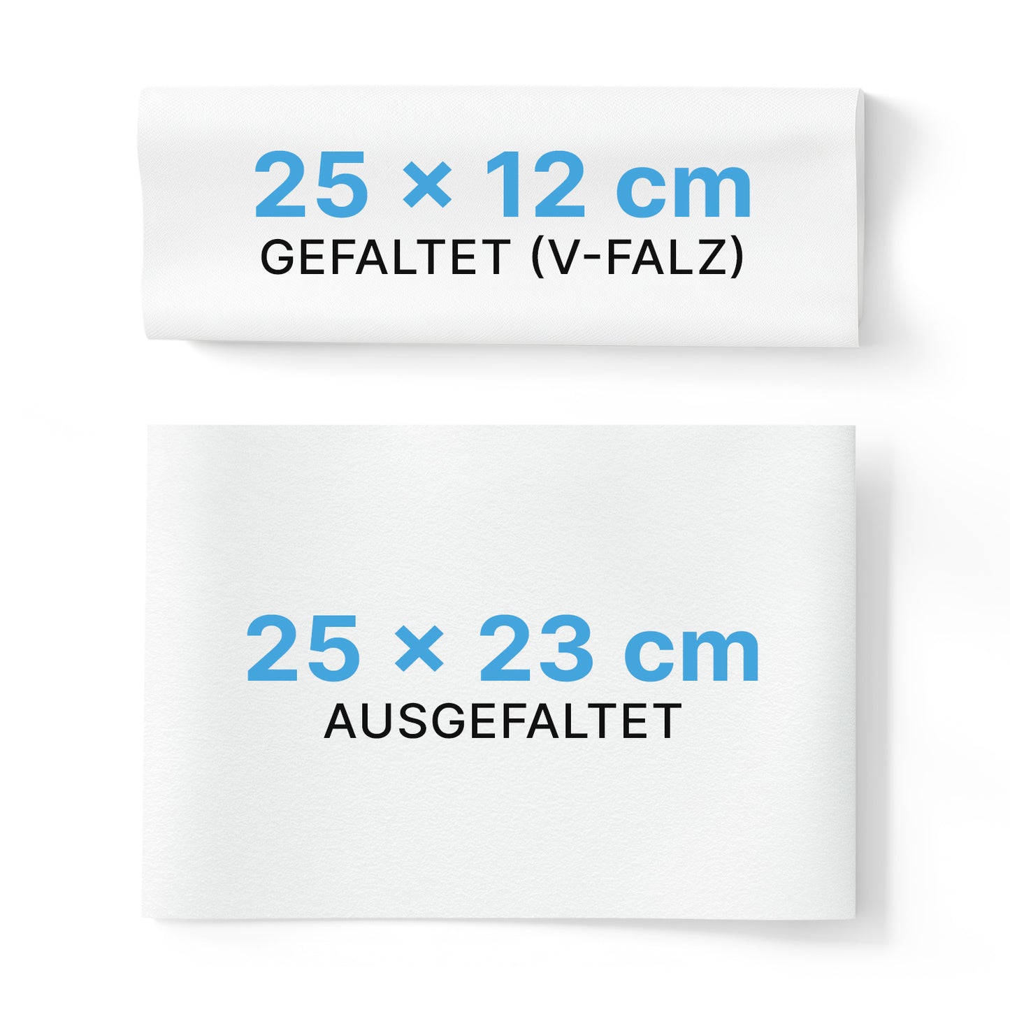 Két fehér ARNOMED papírtörlő 25 x 23 cm | V-hajtás az ARNOWA GmbH-tól: a felső összehajtva és "25 x 12 cm ÖSSZEHAJTOTT (V-HAJTÁS)" felirattal, az alsó kibontva és "25 x 23 cm KIBONTOTT" felirattal, mindkettő fekete és kék betűkkel.