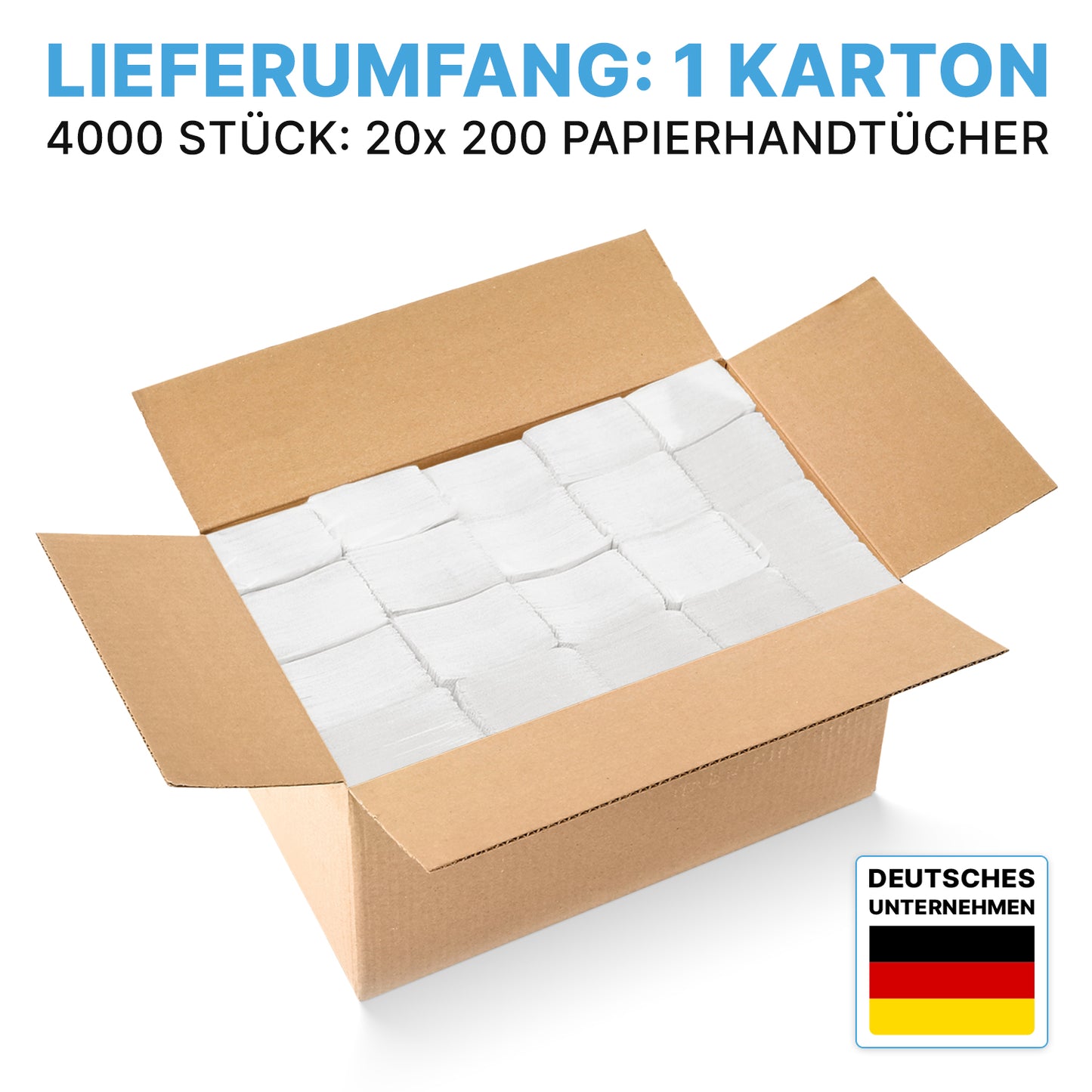 Egy doboz ARNOMED PAPÍRTÖRÖLKÖZŐ 25 x 23 cm | V-HAJTÁS az ARNOWA GmbH-tól, belül felhalmozva. A szöveg: "Szállítási tartalom: 1 doboz, 4000 darab (20x200 papírtörlő)". Ideális mosdókhoz. Német céglogó jobb alsó sarokban.