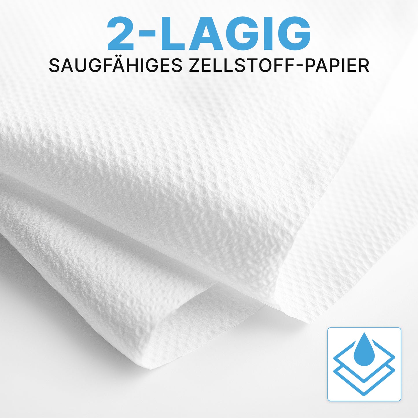 Két ARNOMED PAPÍRTÖRÖLKÖZŐ 25 x 23 cm | V-HAJTÁS az ARNOWA GmbH-tól, amelyek bemutatják nedvszívó, 2-rétegű cellulóz textúrájukat - ideális mosdókhoz. A kép egy kék ikont mutat, amely halmozott lapokat és egy vízcseppet ábrázol.