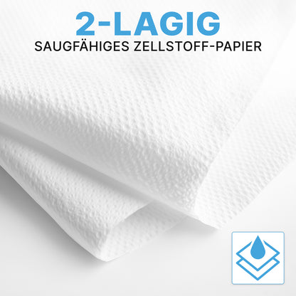 Két ARNOMED PAPÍRTÖRÖLKÖZŐ 25 x 23 cm | V-HAJTÁS az ARNOWA GmbH-tól, amelyek bemutatják nedvszívó, 2-rétegű cellulóz textúrájukat - ideális mosdókhoz. A kép egy kék ikont mutat, amely halmozott lapokat és egy vízcseppet ábrázol.