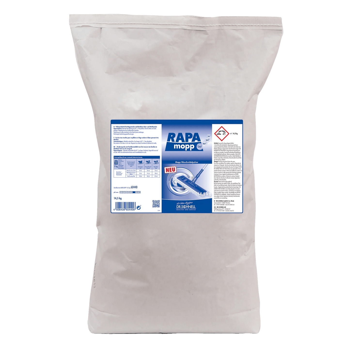 Egy 1450 g-os fehér műanyag zsák Dr. Schnell RAPA MOPP foszfátmentes mopmosószer-por a DR.SCHNELL GmbH & Co. KGaA-tól biztonsági szimbólumokkal és utasításokkal van ellátva, amelyek biztosítják a professzionális mosási higiéniát a textíliák tisztításakor.