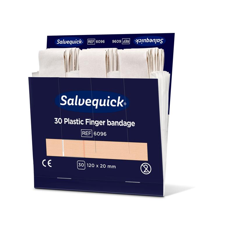 Egy Orkla Wound Care AB műanyag ujjkötés doboz, 120 x 20 mm, 30 db, több bézs színű ujjkötést mutat a nyitott sötétkék csomagolásban fehér és kék felirattal. A csomag 6 darabot tartalmaz.