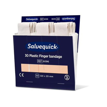 Egy Orkla Wound Care AB műanyag ujjkötés doboz, 120 x 20 mm, 30 db, több bézs színű ujjkötést mutat a nyitott sötétkék csomagolásban fehér és kék felirattal. A csomag 6 darabot tartalmaz.