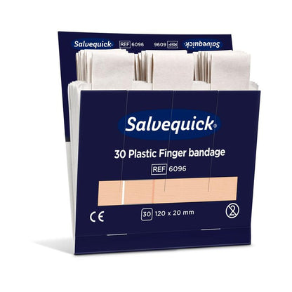 Egy részben nyitott Orkla Wound Care AB műanyag ujjkötés doboz, 120 x 20 mm, 30 db/csomag (6 darab), egyedi csomagolású kötszerekkel és termékadatokkal a csomagoláson.