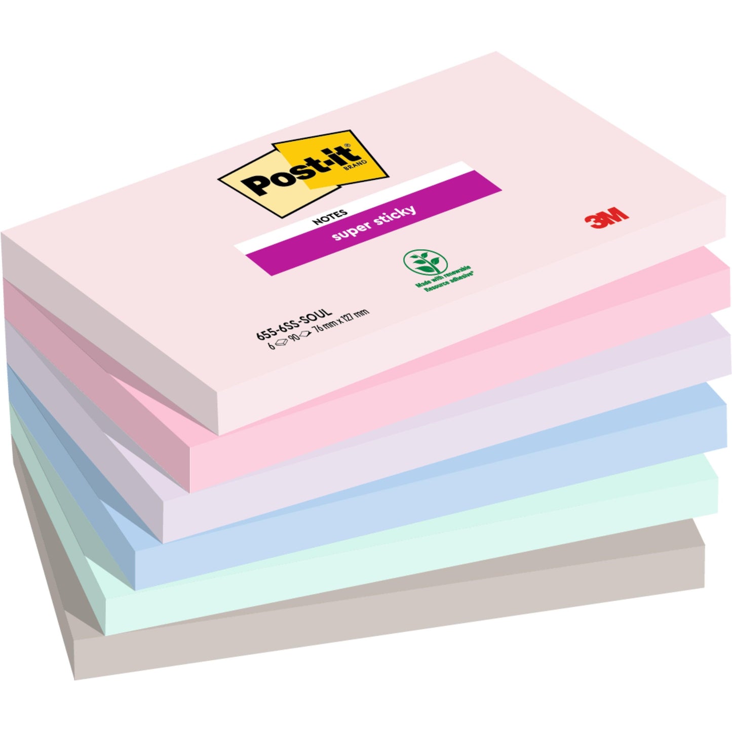 Ein Stapel von sechs pastellfarbenen Post-it® Super Sticky Notes (76x127 mm, je 90 Blatt, 100% PEFC) der 3M Deutschland GmbH ist diagonal angeordnet und zeigt auf dem oberen Block die Markenlogos und ein Recycling-Symbol.