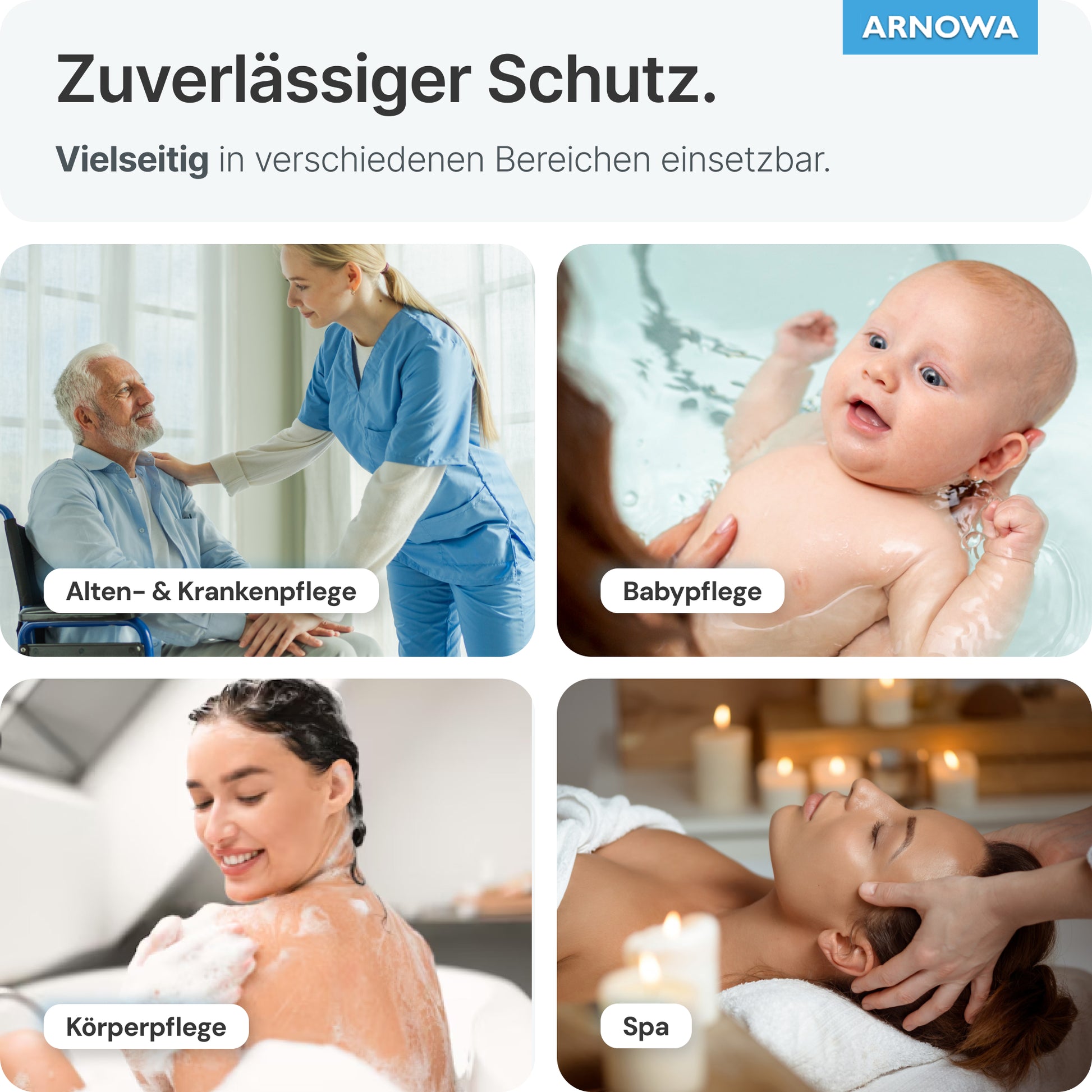 Eine Collage zeigt eine Krankenschwester mit ARNOMED Einmalwaschhandschuhen aus Molton von ARNOWA GmbH mit einem älteren Mann, einem badenden Baby und Frauen bei der Hautpflege. Dermatest-zertifizierte Handschuhe bieten vielseitigen, zuverlässigen Schutz (50 Stück/Beutel).