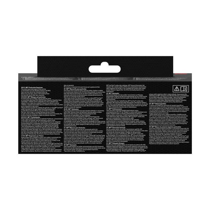 A 3M™ Aura™ Comfort Cool Flow™ részecskemaszk 9332+ FFP3 hátoldala a 3M Deutschland GmbH-tól többnyelvű szövegoszlopokkal, egy akasztófüllel a felső szélen és két szimbólummal a jobb oldalon, túlnyomórészt fehér szöveggel fekete háttér előtt.