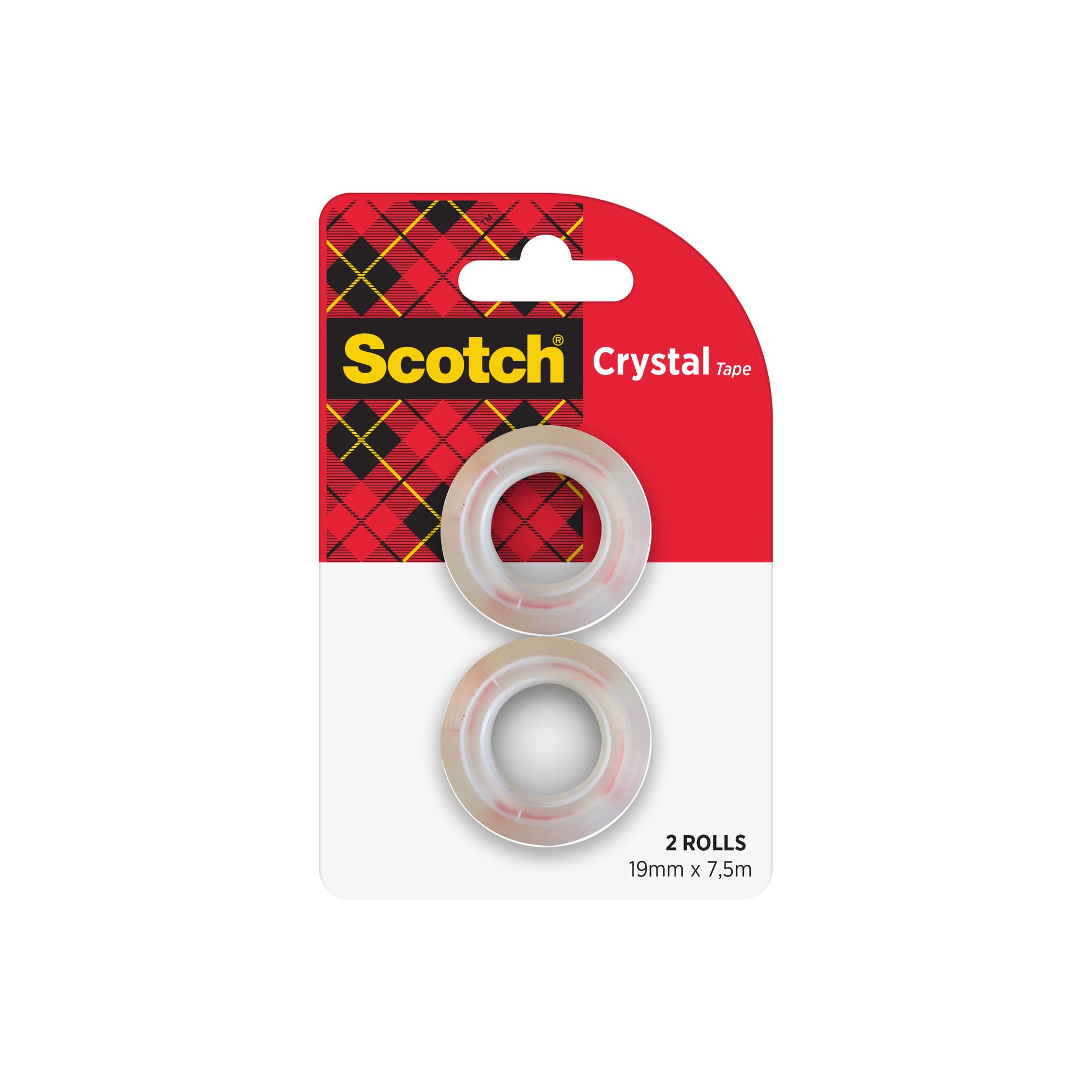 Eine 3M Scotch® Crystal Klebeband Nachfüllpackung enthält zwei Klebebandrollen im Format 19 mm x 7,5 m, jeweils in einer Markenverpackung der 3M Deutschland GmbH.