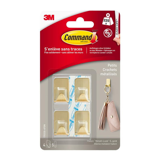 A 3M Deutschland GmbH Command™ S méretű, arany színű fémkampója (17032BR-4ES) 4 kampót és 5 ragasztócsíkot tartalmaz a felületeket károsítatlan rögzítéshez – ideális kulcstartók és egyéb tárgyak felakasztásához.