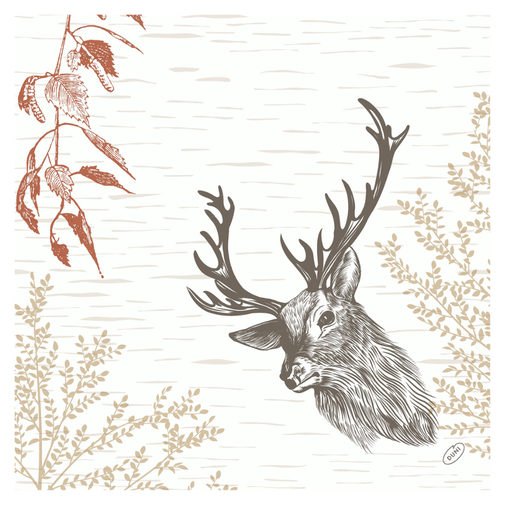 Egy szarvas nagy aganccsal, hasonlóan a Duni Bio Dunisoft® 40 x 40 cm-es Wood & Deer szalvétához a Duni GmbH-tól, egy semleges háttérre van helyezve. Stilizált barna és narancssárga levelek gazdagítják a környezetbarát eldobható szalvéta dizájnját, és természetre emlékeztető dekoratív motívumot kölcsönöznek neki.