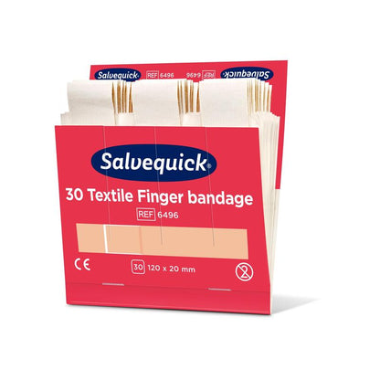 Egy Orkla Wound Care AB Textil Fingerbinde, 120 x 20 mm, 30 st/utántöltés (6 darabos csomag) csomag több bézs kötést és termékadatokat mutat a dobozon.
