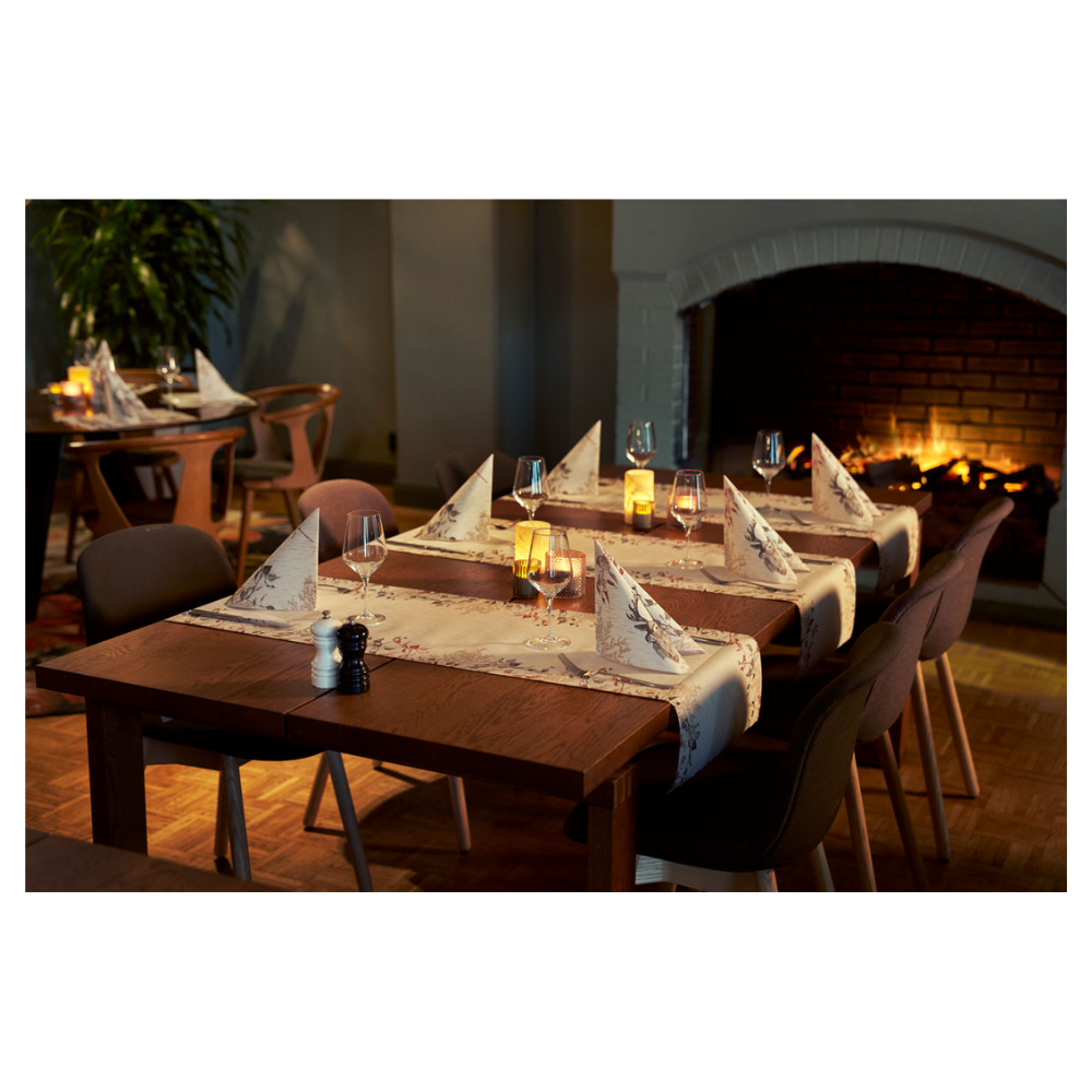 Egy hangulatos étkező két faasztallal rendelkezik, amelyeken borospoharak és Duni Bio Dunisoft® szalvéták találhatók pislákoló gyertyák mellett. Sötét székek veszik körül az asztalokat, amelyeket egy égő kandalló tesz hangulatosabbá. Plüss ülőalkalmatosságok és egy növény járulnak hozzá a természet ihlette dizájnhoz.