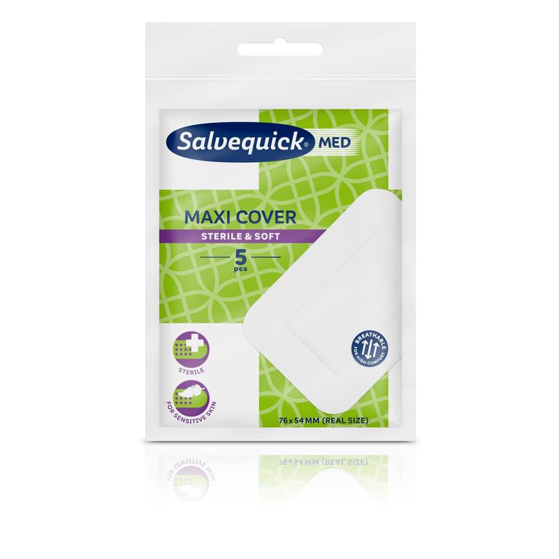 A képen egy Salvequick Maxi 76x54 mm-es sebtapasz csomag látható az Orkla Wound Care AB-től. A zöld-fehér doboz 5 steril, puha sebtapaszt tartalmaz, és az elején termékinformációkat, valamint a sebtapasz képét mutatja.