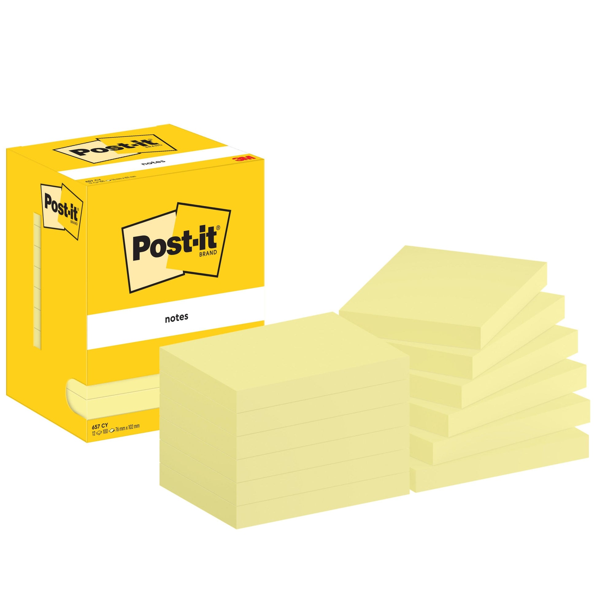 Abgebildet ist eine gelbe Schachtel mit 3M Post-it® Notes (76 mm x 102 mm, gelb, 100 Blatt/Block, 12 Blöcke/Karton) mit mehreren gelben Blöcken daneben auf einem einfarbig weißen Hintergrund. Die Packung ist zu 100% PEFC-zertifiziert.