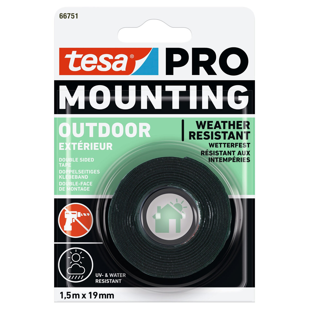tesa PRO 66751 Mounting Outdoor Klebeband, transparent 1,5 m x 19 mm