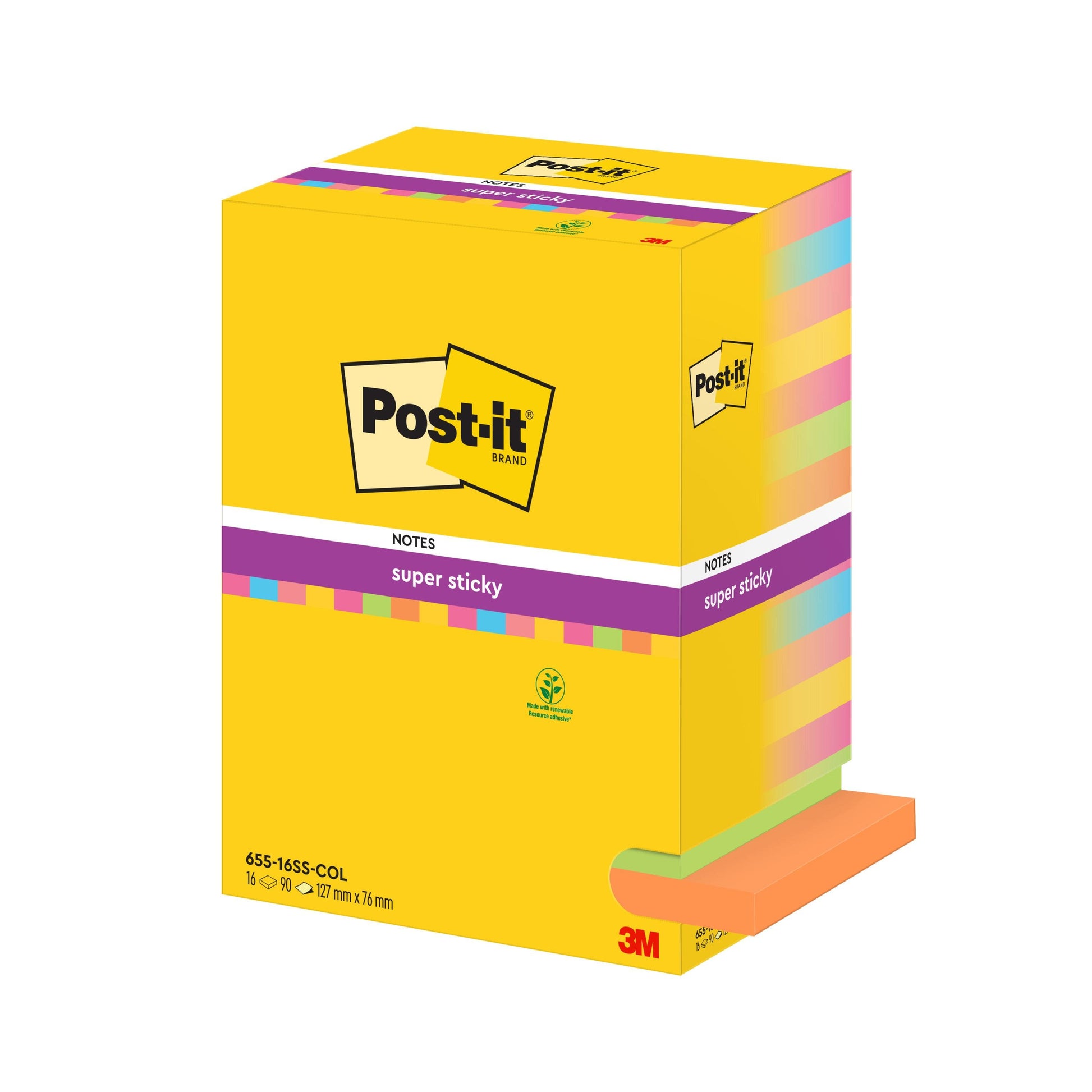 Eine Packung mit 16 Post-it® Super Sticky Notes von 3M Deutschland GmbH, in verschiedenen Farben, jeder Block mit 90 Blatt im Format 76 mm x 127 mm, PEFC-zertifiziert (SGSCH-PEFC-COC-110078).