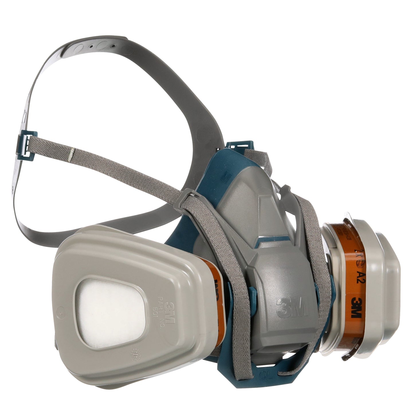 Egy szürke és kék 3M™ Quick Latch légzésvédő maszk 6502QLKIT-1 állítható gumipántokkal és cserélhető A2P3 szűrőkkel (2x6055, 2x5935, 2x501) a 3M Deutschland GmbH-tól szerves gőzök elleni védelemhez.