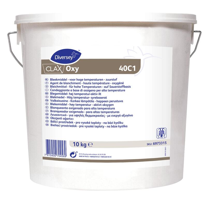 Egy fehér 10 kg-os vödör Diversey Deutschland GmbH & Co. OHG Clax Oxy 40C1 oxigénes fehérítő, többnyelvű termékinformációval, fém fogantyúval és vonalkóddal; ideális kereskedelmi mosodák és alacsony hőmérsékletű oxigénes fehérítés számára.