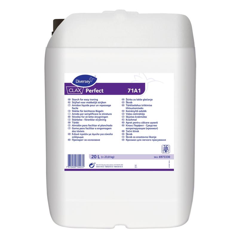 Egy fehér, 20 literes műanyag tartály a "Diversey Deutschland GmbH & Co. OHG Clax Perfect 71A1, Természetes Folyékony Keményítő" felirattal. Ideális professzionális textiltisztításra; a címke több nyelven tartalmaz információkat és egy vonalkódot.