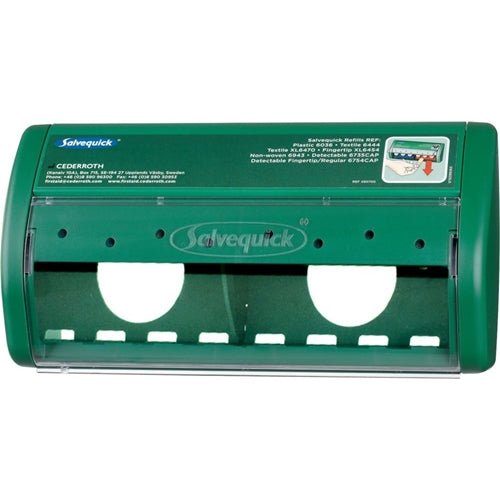 Egy zöld Orkla Wound Care AB Salvequick ragtapasz adagoló, üres | Csomag (1 darab), két kerek nyílással rendelkezik, átlátszó fedéllel, jobb felső sarokban nyomtatott utasításokkal és elöl látható márkajelzéssel.