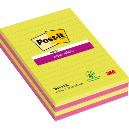 Egy csomag 3M Deutschland GmbH Post-it® Super Sticky Notes nagyméretű, vonalas, 127 x 203 mm, különböző színekben, 45 lap/blokk, 4 blokk/csomag. 100% PEFC tanúsítvánnyal rendelkező papírból készült.