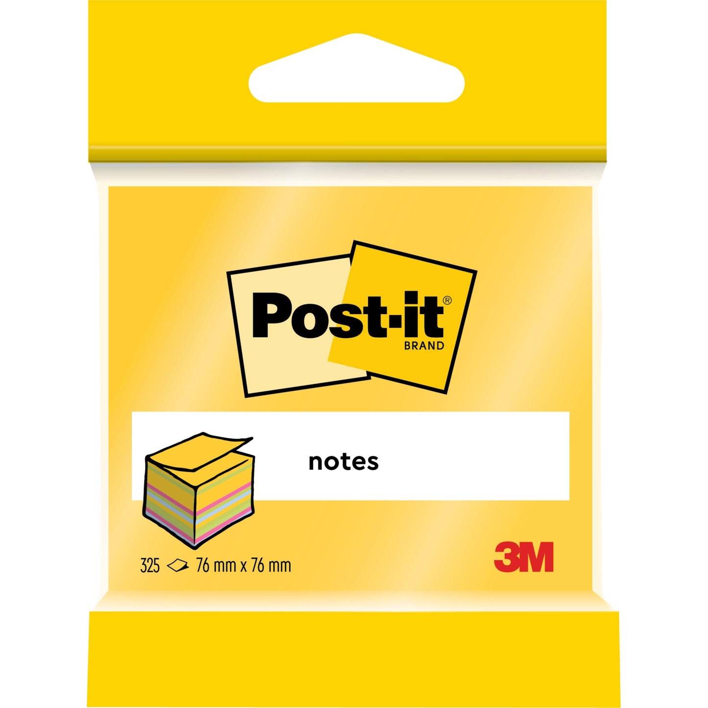 Egy csomag 3M Post-it® Notes kocka (76x76 mm, 450 lap/blokk, 100% PEFC) a 3M Deutschland GmbH-tól, logóval, egymásra rakott jegyzetek ábrájával, "Notes" felirattal és sárga csomagolással.