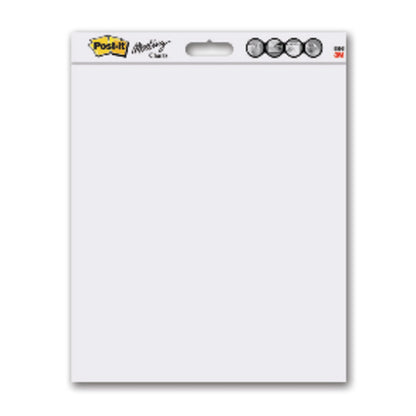 Ein weißes Post-it® Super Sticky selbsthaftendes Meeting Chart/Flipchart für Wand-Montage 566 (58,4 x 50,8 cm, 20 Blatt, 2 Blöcke) von 3M Deutschland GmbH mit unbedrucktem Deckblatt, in vertikaler Verpackung mit Logo und Abbildung für die Wandmontage.