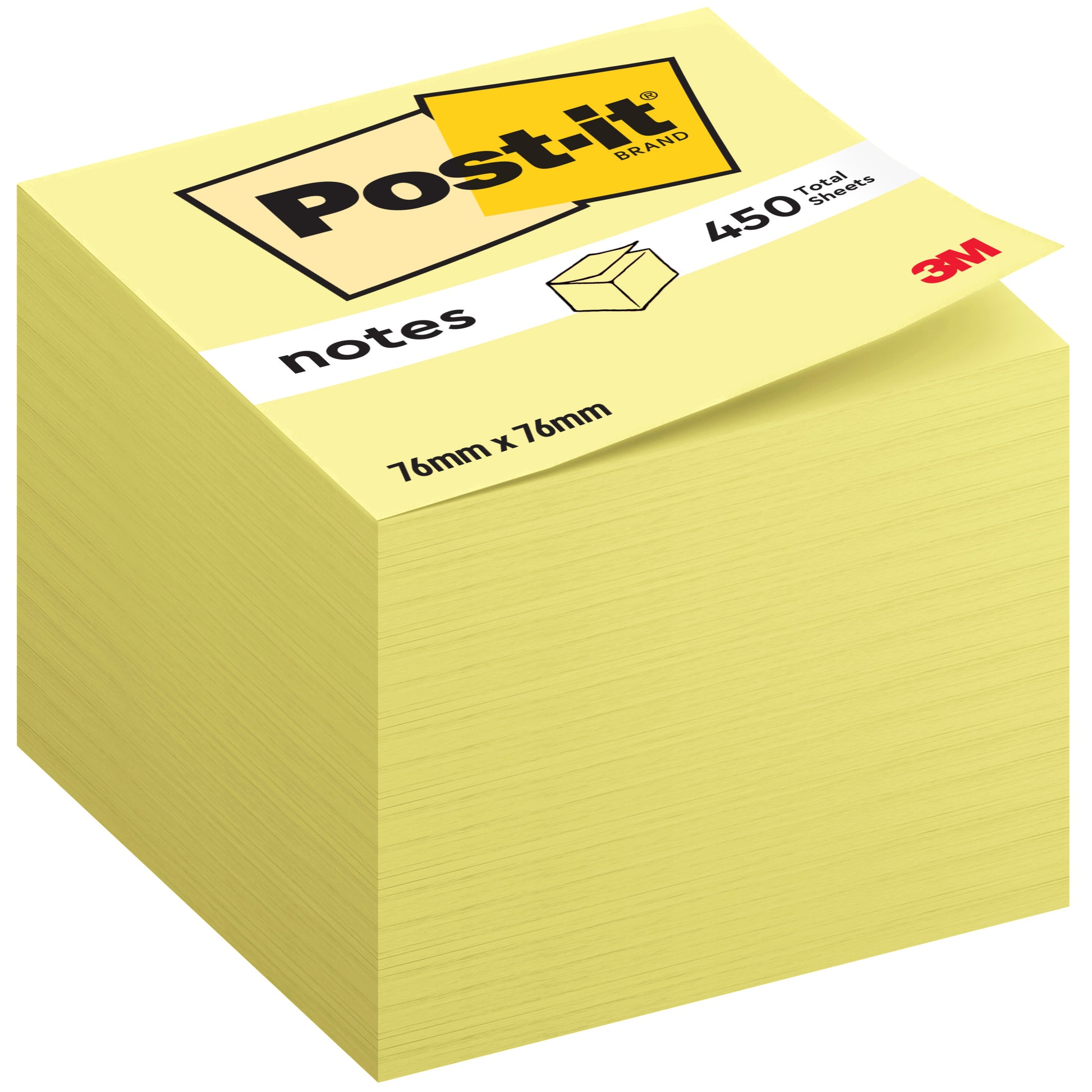 Ein Würfel mit gelben Post-it® Notes von 3M Deutschland GmbH, 76 x 76 mm, mit 450 Blatt pro Block. Auf der Verpackung sind der Markenname und die Größe angegeben, das 3M-Logo befindet sich unten rechts.