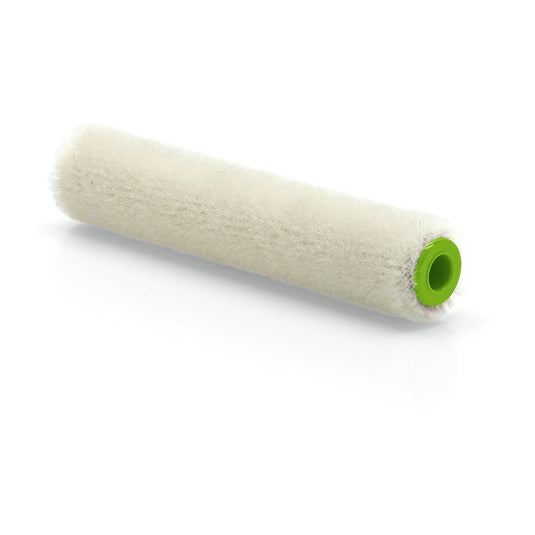 A Nölle Profi Brush Mohair festőhenger 10 cm (4 mm szálmagasság) a Nölle Profi Brush Bürsten- & Pinseltechnik e.K.-tól, ideális sima felületekhez, fehér hengeres burkolattal rendelkezik zöld műanyag maggal fehér alapon.