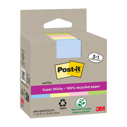 Egy csomag 3M Post-it® Super Sticky újrahasznosított jegyzettömb, 76x76 mm, 70 lap/blokk, 100% PEFC tanúsított újrahasznosított papírból, pasztell színekben. Akció: 3 vásárlása esetén 1 ingyen. Megújuló ragasztóval az erős tapadás érdekében.