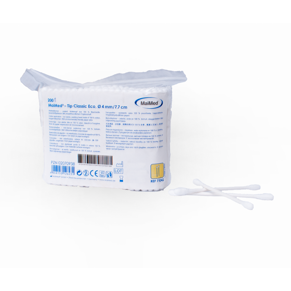 MaiMed -Tip Classic ECO (kis fejű) nem steril vattacsomók, kartonrúd, 200 db/zsák | Csomag (200 db)
