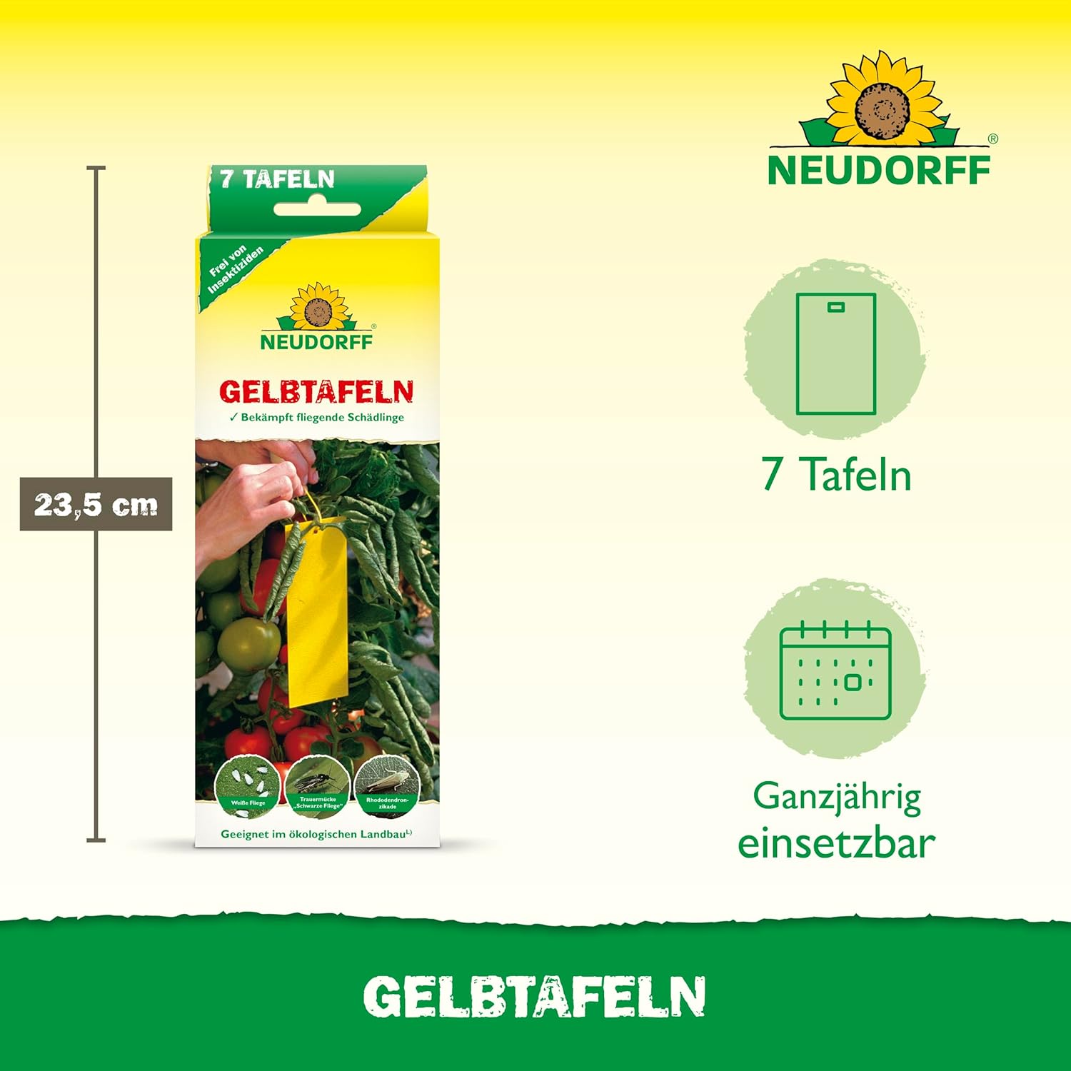 A Neudorff Shop Gelbtafeln (kis méretű) csomagolása 7 sárga ragacsos csapdát (23,5 cm magas) mutat a rovarok elleni védelemhez, hatékony a szárnyas levéltetvek és liszteskék ellen, piktogramokkal/szöveggel, amely az egész éves használatra utal.