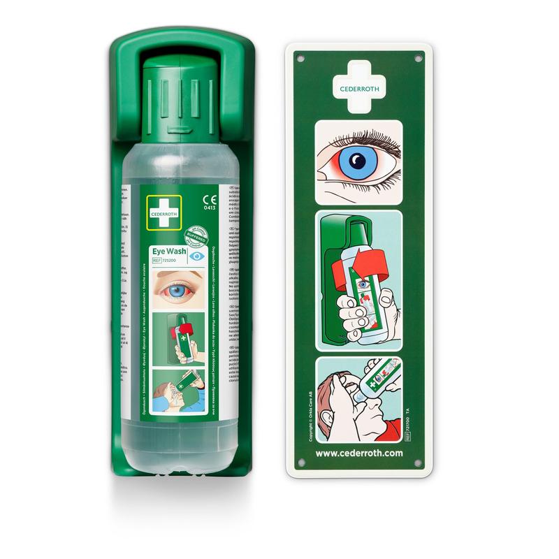 Egy zöld Orkla Wound Care AB falra szerelhető tartó 500 ml-es szemöblítéshez tartalmaz egy foszforeszkáló figyelmeztető táblát és egy szem ábrázolást. Használati utasítás: kupakot nyitni, szemhez tartani, öblítéshez összenyomni. A csomag 1 egységet tartalmaz.