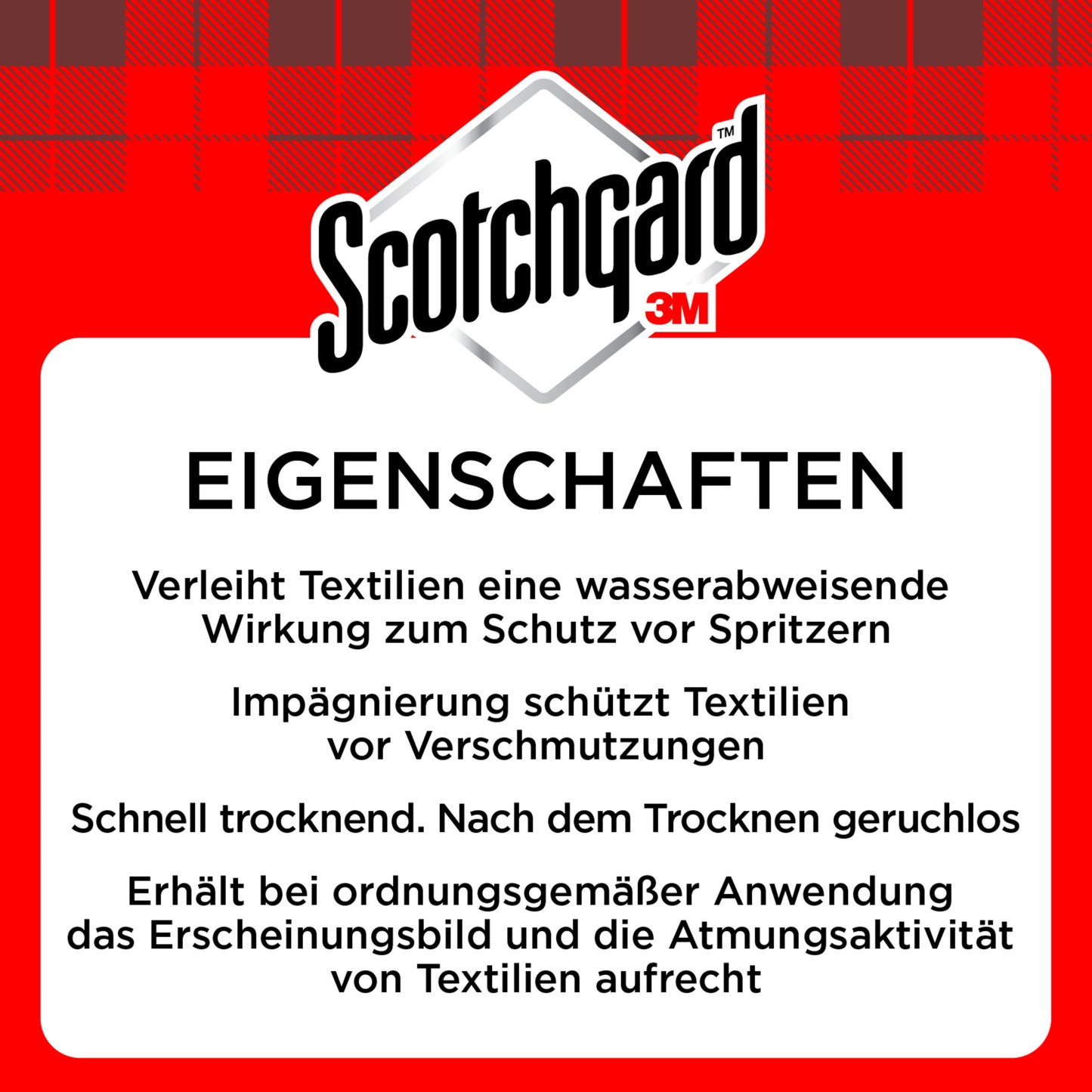 Das Produktetikett des Scotchgard™ Textilien-Imprägnierspray (400 ml, 3M Deutschland GmbH) zeigt das Scotchgard 3M Logo und eine deutschsprachige Beschreibung zu wasserabweisendem Schutz, Fleckenabwehr und Atmungsaktivität.