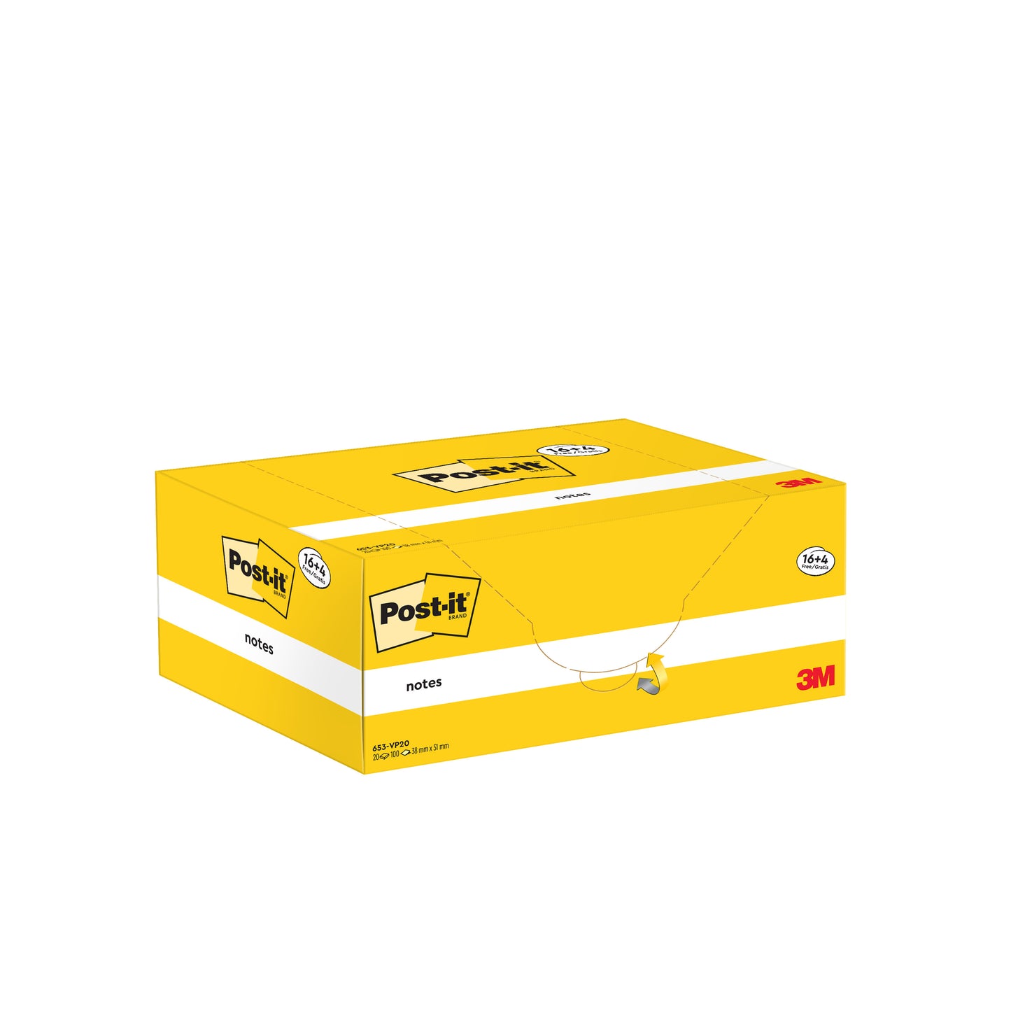 A képen egy sárga-fehér promóciós csomag Post-it® jegyzettömb (3M Deutschland GmbH), sárga, 38x51mm, 100 lap/blokk, 16 blokk + 4 ingyenes, 100% PEFC-tanúsítvánnyal (SGSCH-PEFC-COC-110078), fehér háttér előtt.