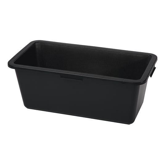 Der Nölle Profi Brush Mörtelkasten Kunststoff schwarz von Nölle Profi Brush Bürsten- & Pinseltechnik e.K. ist ein rechteckiger schwarzer Mülleimer mit abgeschrägten Seiten und einem oberen Rand, ideal als Baustellen Zubehör, abgebildet auf einem schlichten weißen Hintergrund.