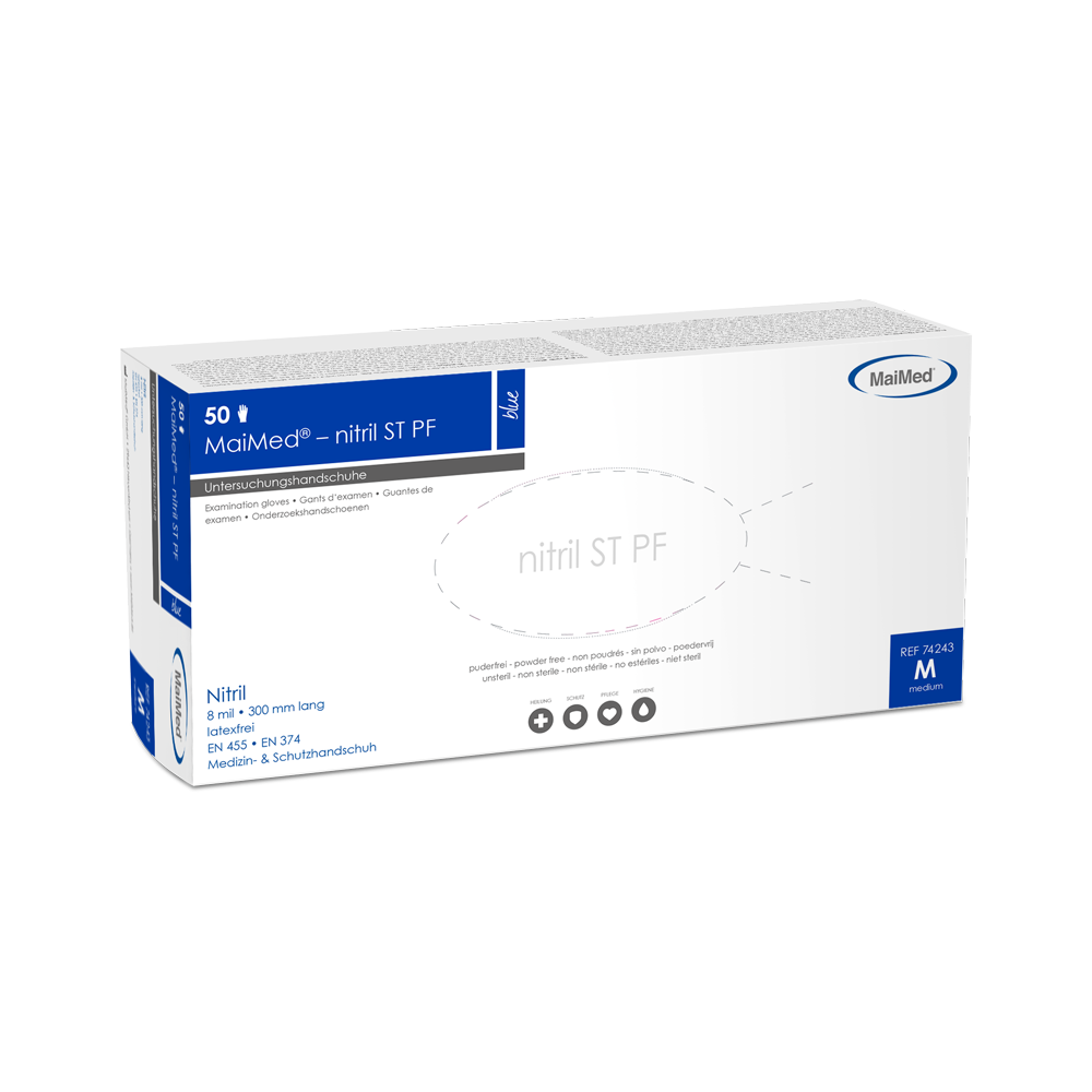 MaiMed-nitril kék, nem steril védőkesztyű, púdermentes, vastagsága 8mil 50 db/doboz
