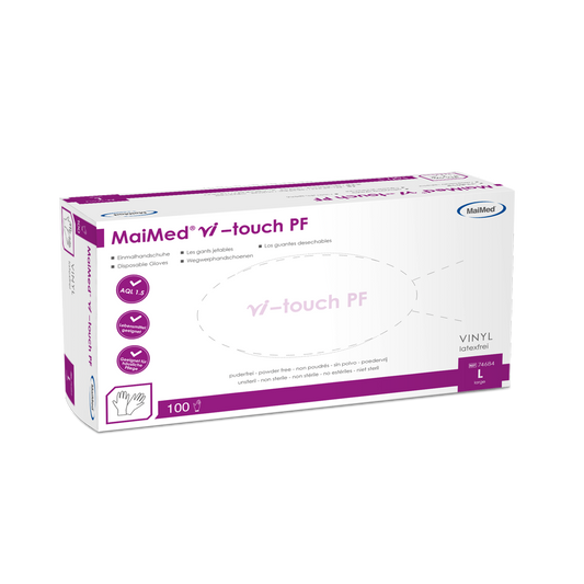 MaiMed vi-touch eldobható vinil kesztyű, púdermentes, 100 db/doboz