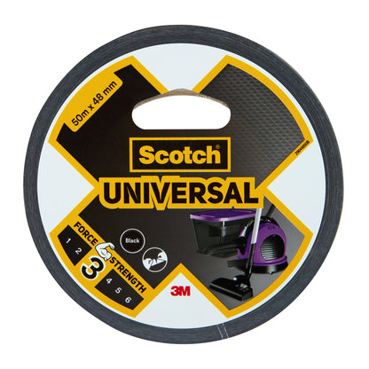 Egy tekercs Scotch® Universal ragasztószalag 2904 a 3M Deutschland GmbH-tól, 50 m x 48 mm, fekete. A csomagolás 3/6 erősséget mutat, és porszívó és más eszközök képeit ábrázolja.