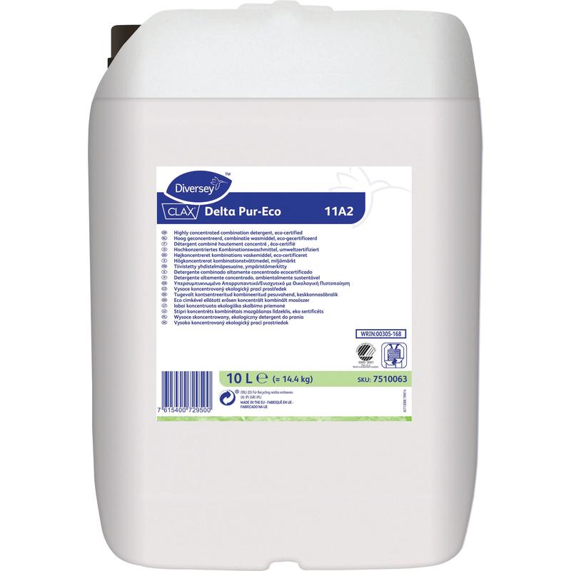 Ein 10-Liter-Kanister aus weißem Kunststoff von Diversey Clax Delta PE 11A2, hochkonzentriertes Kombinationswaschmittel für Buntwäsche. Mit einem Produktinformationsetikett mit Barcode und einem schwarzen Deckel oben links. Marke: Diversey Deutschland GmbH & Co. OHG.