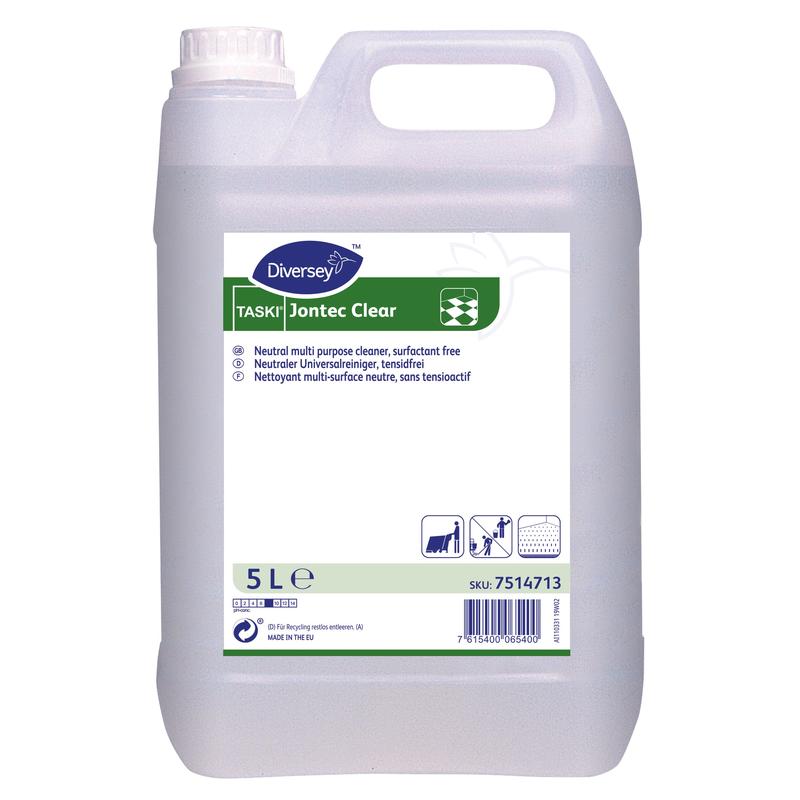 Egy 5 literes műanyag tartály TASKI Jontec Clear kemény felületekhez való tisztítószerrel a Diversey Deutschland GmbH & Co. OHG-tól, pH-semleges. Az áttetsző tartály fehér kupakkal, fehér fogantyúval és kék-zöld-fehér címkével rendelkezik.