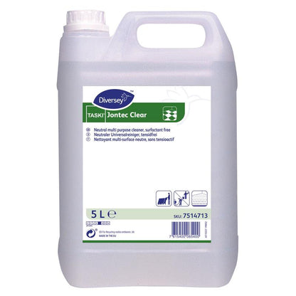 Egy 5 literes műanyag tartály TASKI Jontec Clear kemény felületekhez való tisztítószerrel a Diversey Deutschland GmbH & Co. OHG-tól, pH-semleges. Az áttetsző tartály fehér kupakkal, fehér fogantyúval és kék-zöld-fehér címkével rendelkezik.