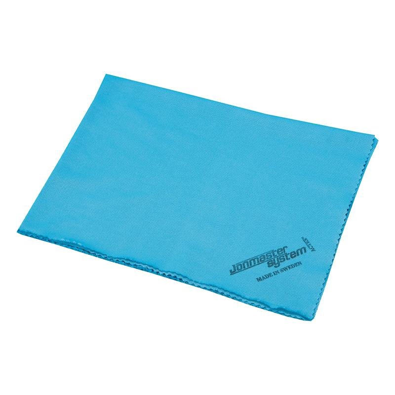 Egy kék, téglalap alakú Jonmaster Ultra Window kendő (40 x 50 cm) a Diversey Deutschland GmbH & Co. OHG-től, speciális mikroszálas anyagból a csíkmentes üvegfelületek tisztításához, gondosan kidolgozott élekkel és a "Jonmaster System" felirattal az egyik sarokban. Csomag 5 darabbal.