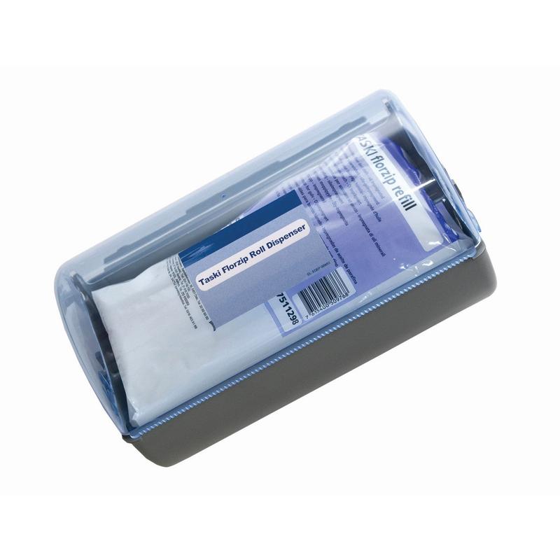 A TASKI Florzip adagoló 65 a Diversey Deutschland GmbH & Co. OHG-tól egy falra szerelhető műanyag adagoló átlátszó fedéllel és szürke aljjal, amely 150 fehér, olajos törlőkendőt (65 x 25 cm) tartalmaz a tisztításhoz.