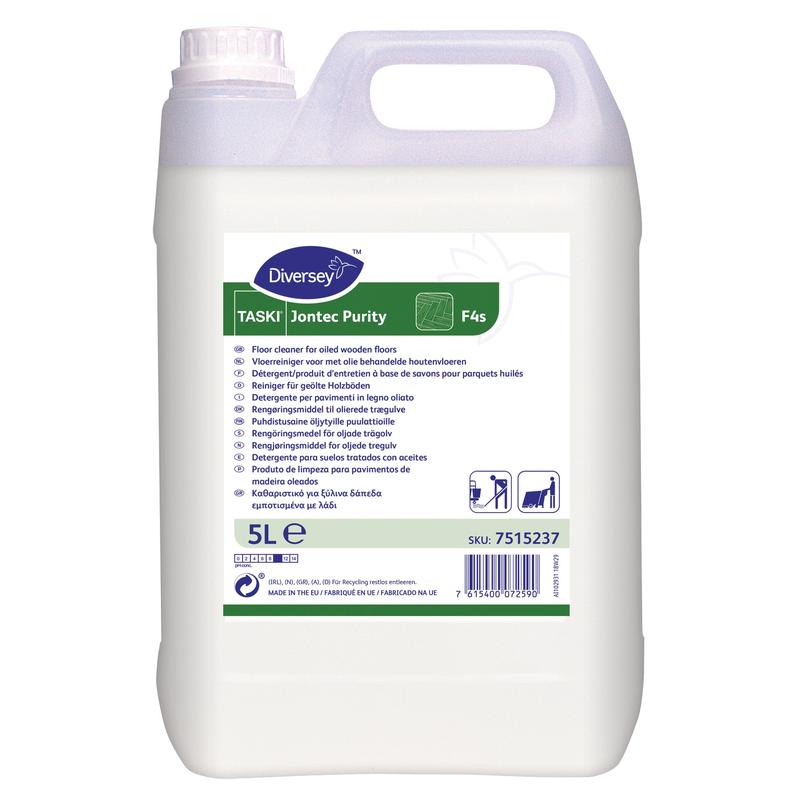 A Diversey Deutschland GmbH & Co. OHG 5 literes TASKI Jontec Purity szappantartalmú tisztítószere olajozott fa padlókhoz egy fehér címkével ellátott kannában kerül forgalomba, amely figyelmeztetéseket és szimbólumokat tartalmaz, valamint egy biztonságos fehér csavaros kupakkal rendelkezik.