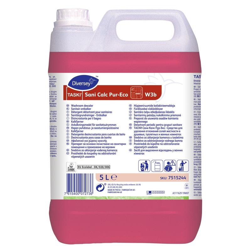 Ein 5-Liter-Behälter aus rosa Kunststoff mit TASKI Sani Calc Pur‑Eco Sanitärreiniger von Diversey Deutschland GmbH & Co. OHG zur effektiven Kalkentfernung, mit weißem Etikett mit Produktdetails, Gebrauchsanweisungen und Sicherheitssymbolen.