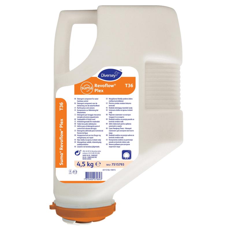 Egy 4,5 kg-os fehér Suma Revoflow Plex T36 vízkeménység-kötő patron a Diversey Deutschland GmbH & Co. OHG-tól, narancssárga címkével és fedéllel, a látható oldalon függőlegesen mutatja a termékinformációt és a márkajelzést.
