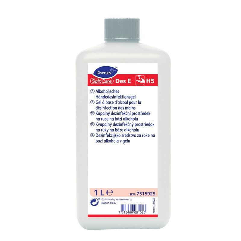 Egy fehér, 1 literes palack Soft Care Des E H5 VAH-listás, gél állagú kézfertőtlenítő a Diversey Deutschland GmbH & Co. OHG-tól, kék csavaros kupakkal és többnyelvű termékinformációs címkével.