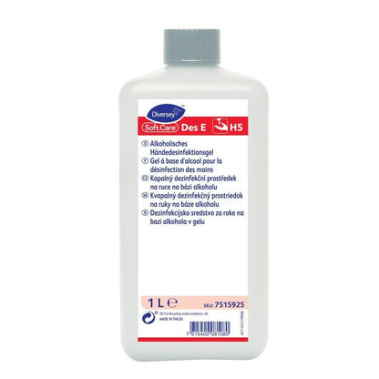 Egy fehér, 1 literes palack Soft Care Des E H5 VAH-listás, gél állagú kézfertőtlenítő a Diversey Deutschland GmbH & Co. OHG-tól, kék csavaros kupakkal és többnyelvű termékinformációs címkével.