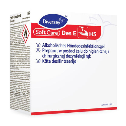 A Diversey Deutschland GmbH & Co. OHG Soft Care Des E H5 VAH-listás, gél állagú kézfertőtlenítő doboza használati utasítással német, lengyel és észt nyelven, veszélyszimbólumokkal és alkalmazási útmutatókkal a hatékony tisztítás érdekében.